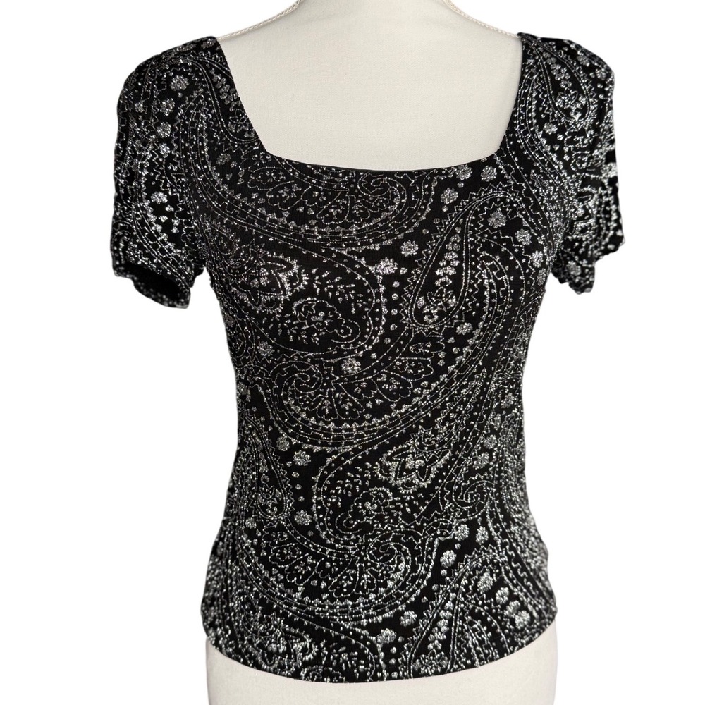JBS Ltd Black Silver Paisley Glitter Top Short Sleeve Square Neck‎ Small